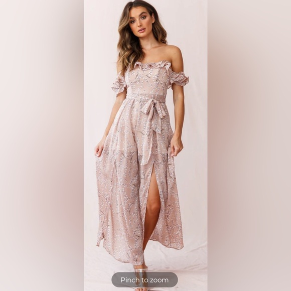 JAZZ BARDOT NECKLINE WIDE LEG SPLIT JUMPSUIT FLORAL PRINT BLUSH OFF-SHOULDERS - Picture 5 of 13
